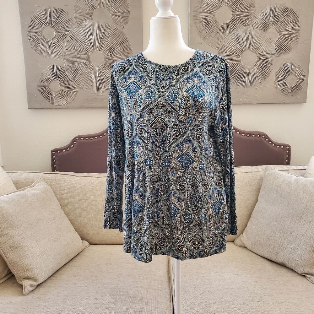 J. Jill Wearever Collection Fleur-de-lis Long Sleeve Peplum Tunic Top sz MP